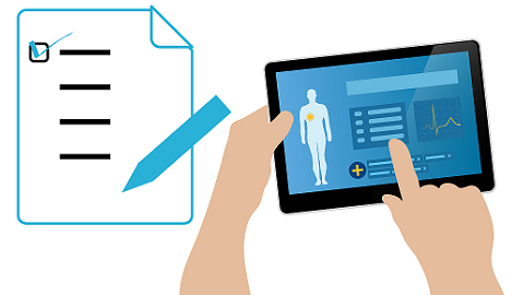 Ilustração de um médico vendo informações de um prontuário eletrônico em um tablet