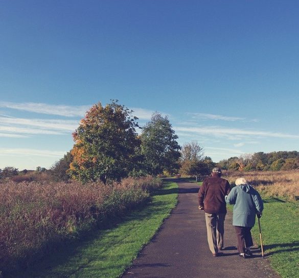 Aposentadoria por idade: dois idosos caminhando em uma estradinha no campo