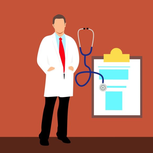 Check up: ilustração de um médico, um estetoscópio e uma prancheta
